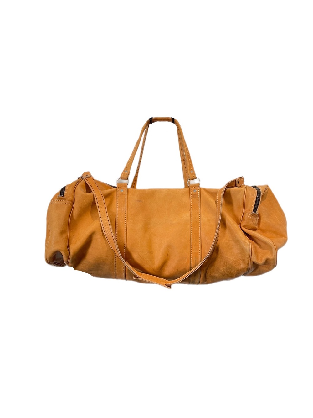Leather handbag with various pockets and a long, adjustable vintage-style strap.